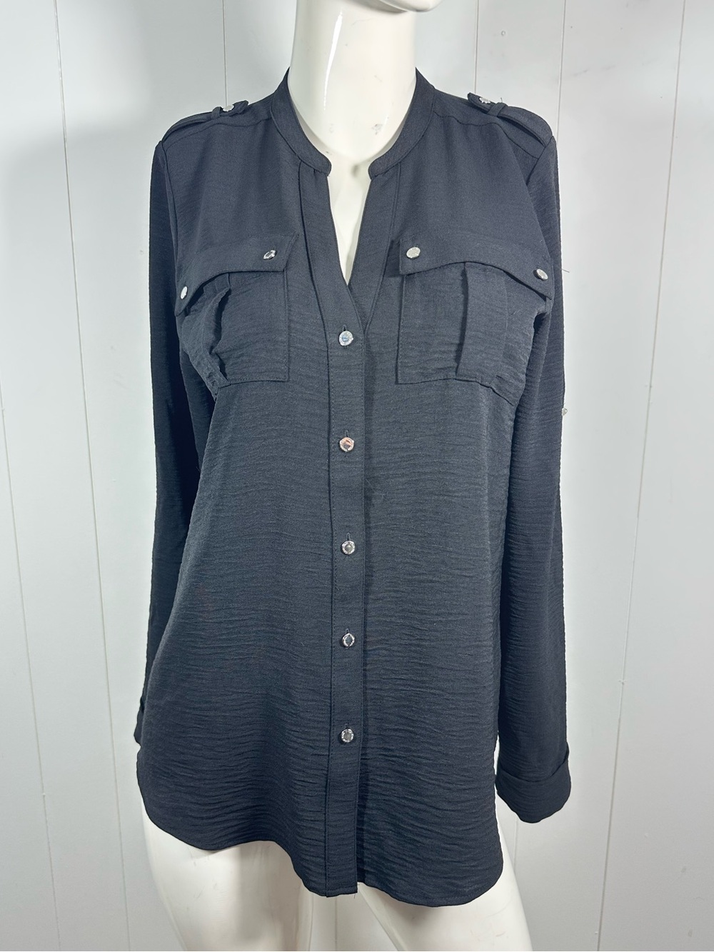 NWT Calvin Klein Sz S Utility Shirt Women Roll Tab Sleeve Button Up Casual Black